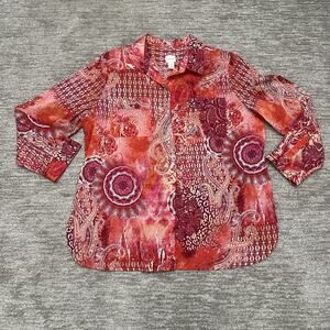 Chico's Button Up Shirt Womens 3 XL Red Paisley Lightweight Boho Artsy Tunic